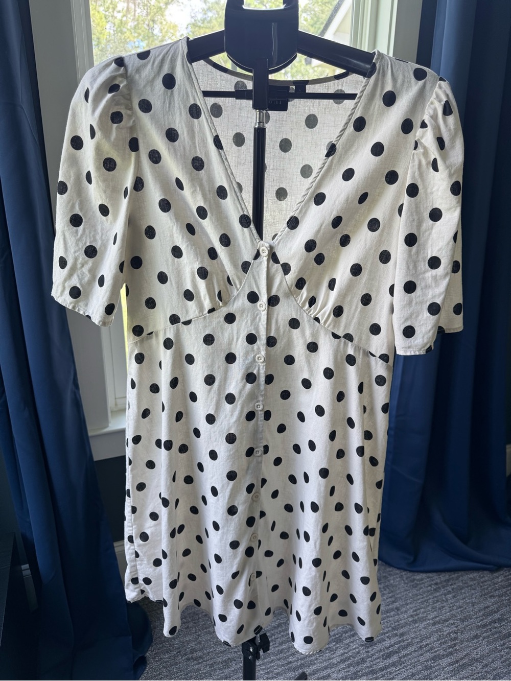 GAP Linen-Blend Polka Dot Puff Sleeve V-Neck Button Front Mini Dress Size Large